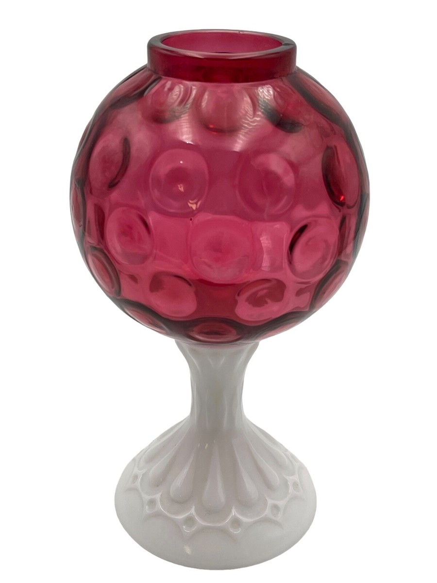 VTG Fenton Cranberry Milk Glass Coin Dot Oil Lamp Base Ivy Ball