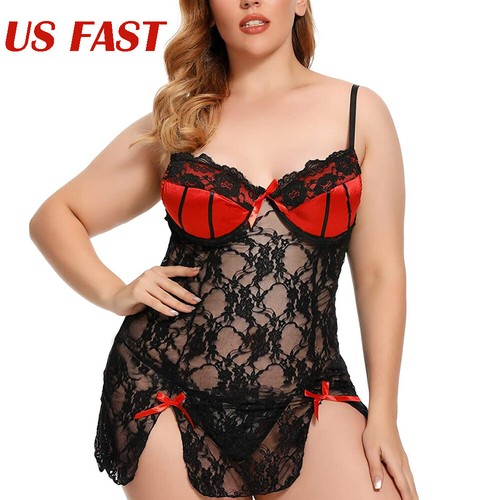 Plus Size Babydoll for Women See Through Lace Lingerie 2 Piece Sleepwear Chemise - Bild 1 von 18
