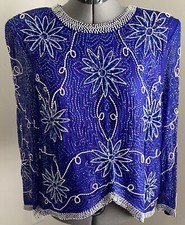 VTG Avalon sequin beaded long sleeve top blue white floral lined silk Large