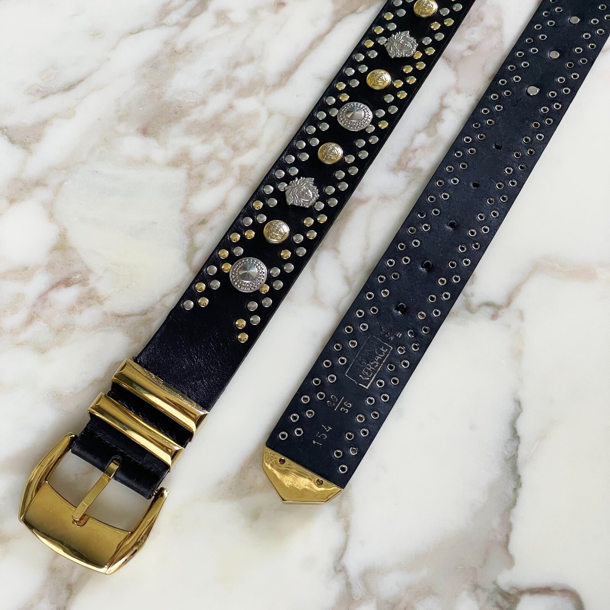 VERSACE ステゴロパンチャーズ GIANNI VERSACE black leather gold/silver tone studded belt