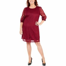 New NY Collection Women's Plus Size 1X Burgundy Lace Overlay Shift Dress