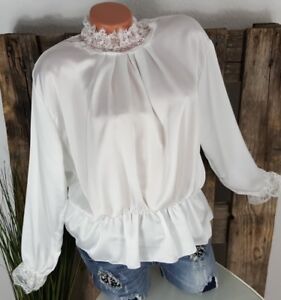 Neu Schicke Langarm Satin Bluse Spitze Am Kragen Volant Saum 36 38 40 Weiss Ebay