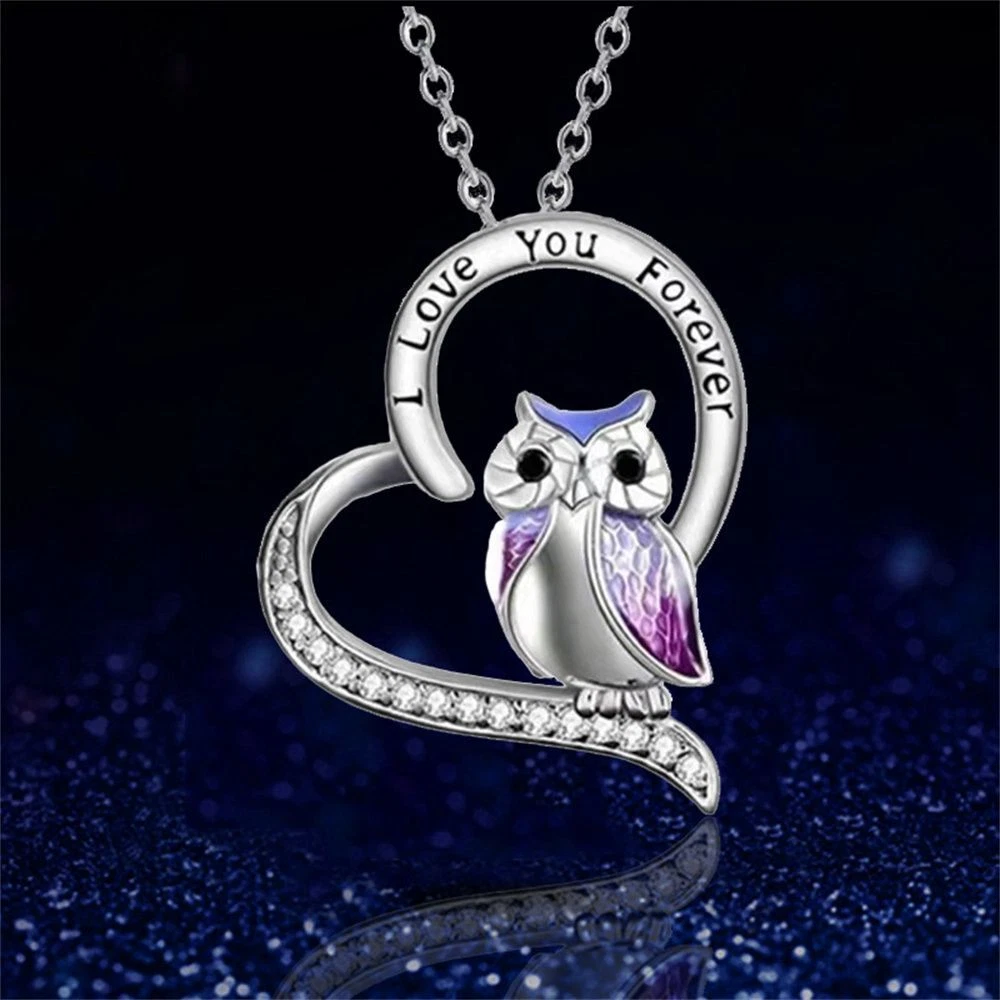 I Love You Forever Shiny Diamond Necklace Owl Pendant Heart Animal Necklace