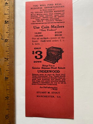1920's Advertising Card. Coin Mailers and Underwood Typewriters. 2 1/2 x 6 1/4