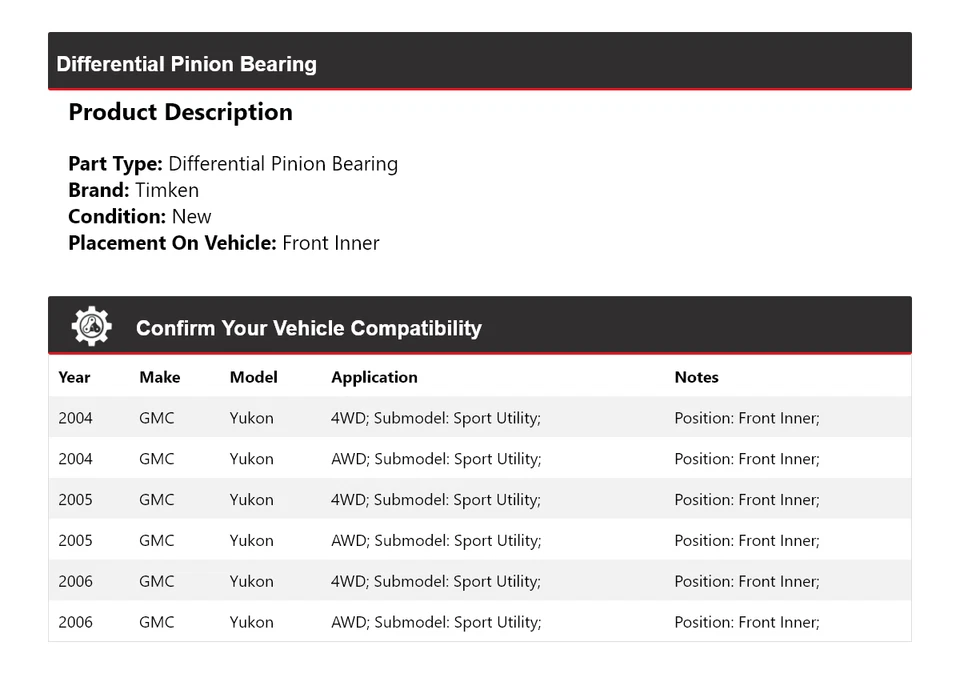 Cojinete de piñón diferencial delantero interior Timken 2005 para GMC Yukon 2004-2006 Foto 2 de 4