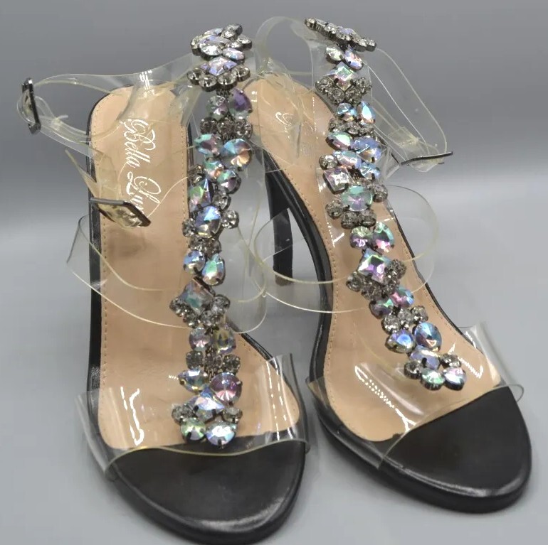 Bella Lunna Clear Rhinestone Jeweled Heel Sandals Size 10