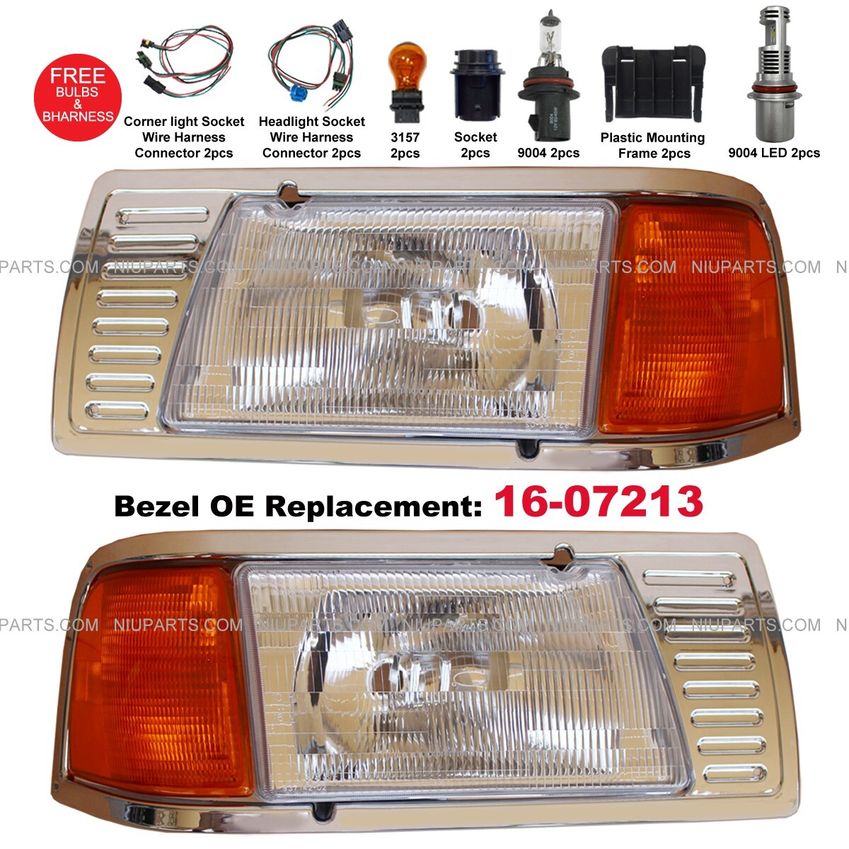 Headlight & Chrome Bezel w/ LED Bulbs 16-07213 LH & RH Fit