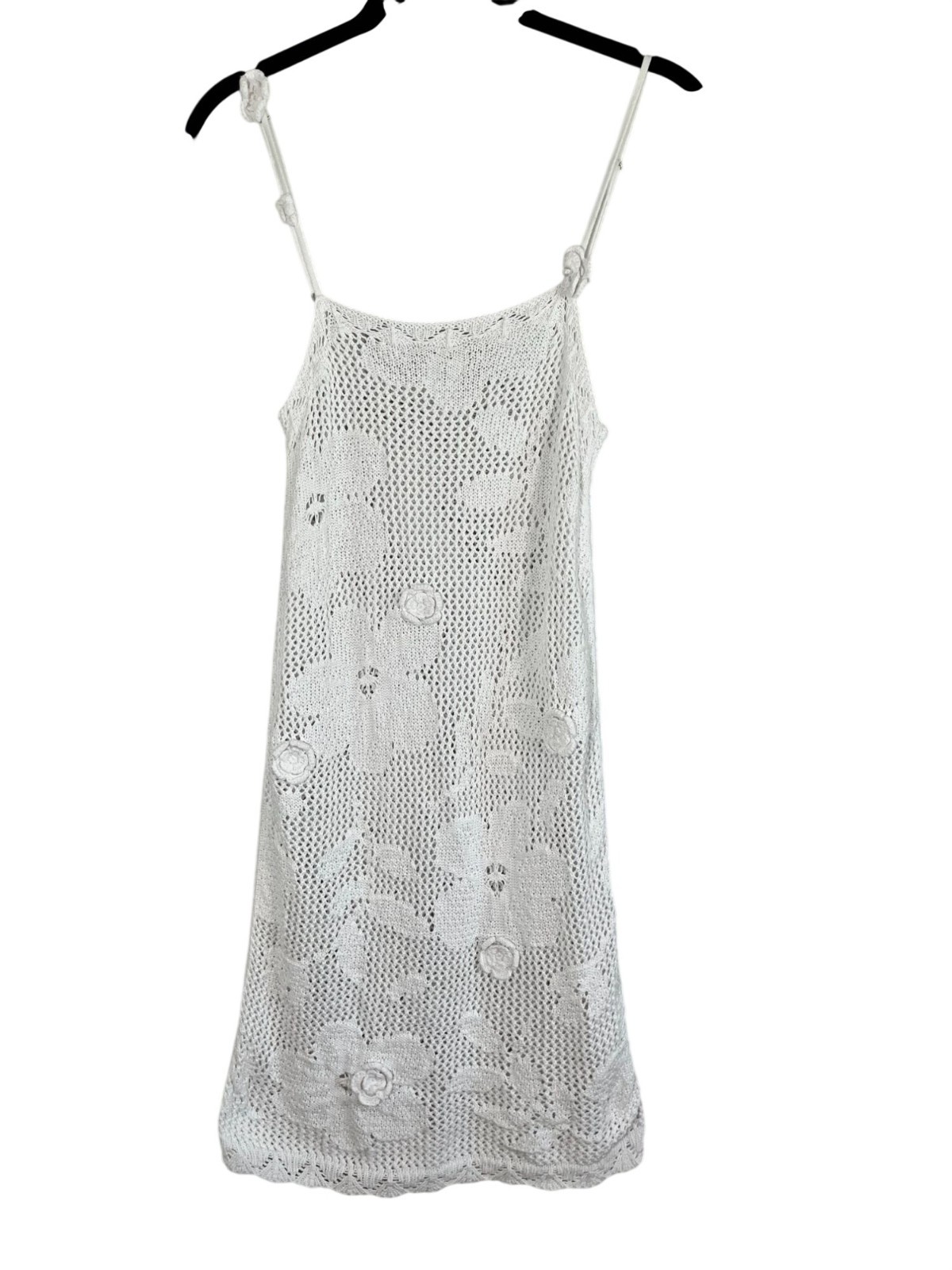 Neutral Floral Crochet Tank Mini Dress XS Boho Indie Festival Summer Beach Artsy
