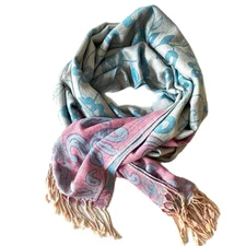 Pashmina Scarf Wrap Blue Pink with Fringe  72"x 27" EUC