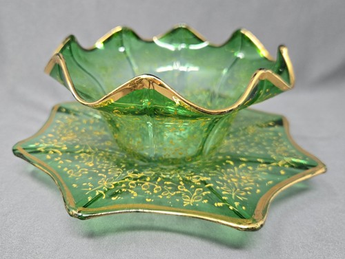 Bohemian Green Enameled Finger Bowl and Undertray C. 1900