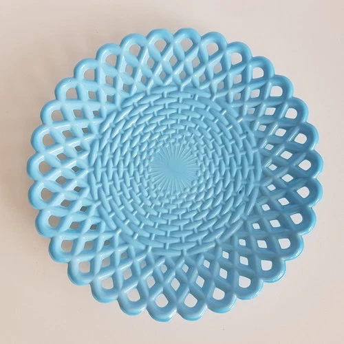 Antique 1890s Victorian Blue Milk Glass Ribbon Plate basket aqua England 21cm