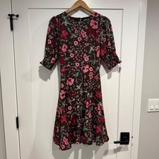 Baltic Born Cherie Flare Dress Brown Floral Smocked Puff Sleeve Sz S Cottagecore