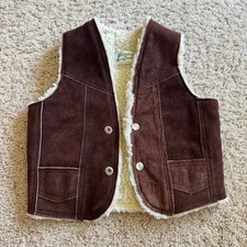 Vintage Brown Suede Leather Shearling Lined Western Vest Kids Size 8 Layering