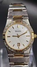 Vintage Bulova Ladies Two-Tone Watch Diamond Bezel MOP Dial - 98R011 - WORKING