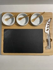 Crate & Barrel Bamboo/Slate Cheese Board Set. 16”x13”. New In Box
