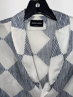 Giorgio Armani Women's XL White/Blue Check Collared Long Sleeve Button-Up