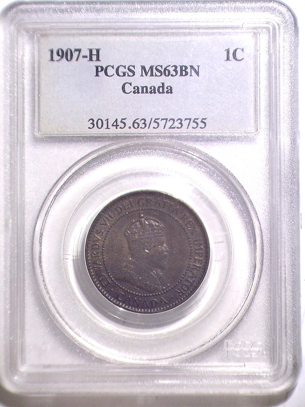 1907-H PCGS MS63BN Canada Large One Cent - Old Blue Holder - Penny - 1C - CAN
