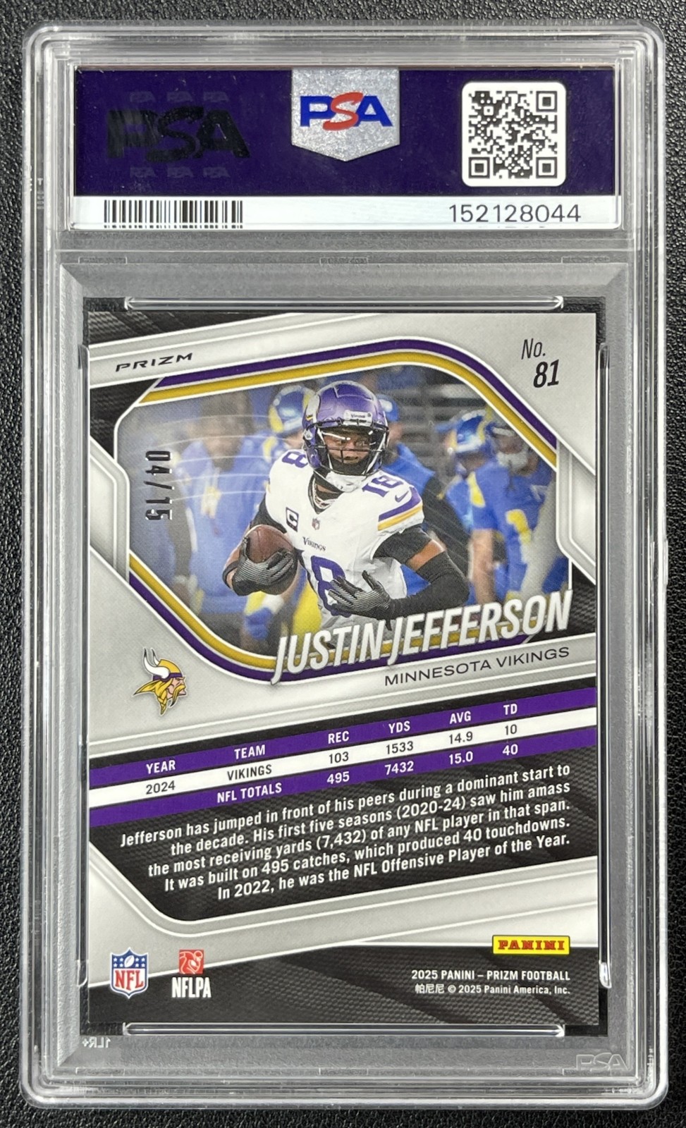 JUSTIN JEFFERSON PSA 10 2025 PANINI PRIZM #81 CHOICE CHERRY BLOSSOM 4/15 view 2