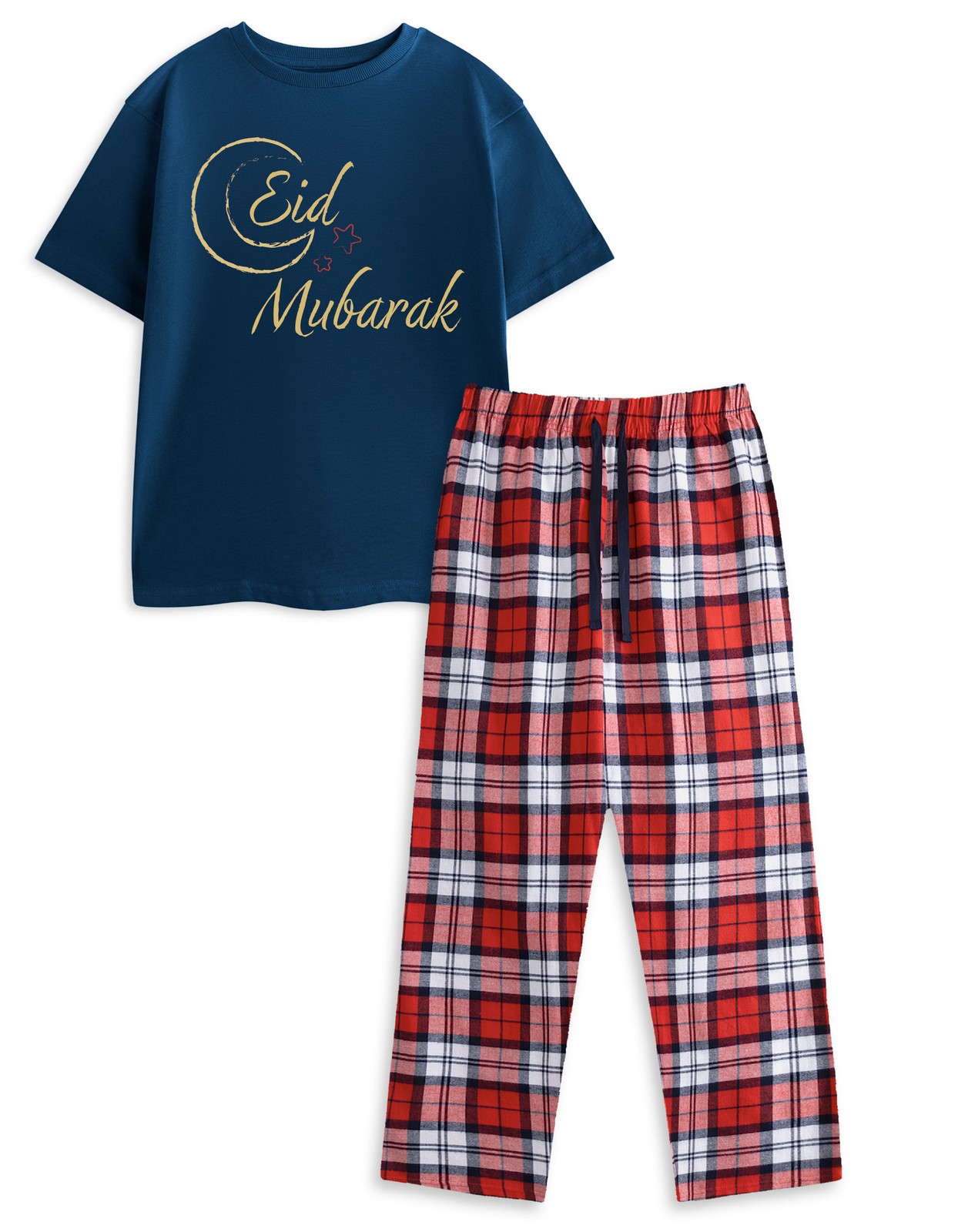 Show Me The Merch Blau Eid Mubarak Kurzrmeliges Pyjama-Set mit langem Bein Unis 7190₽