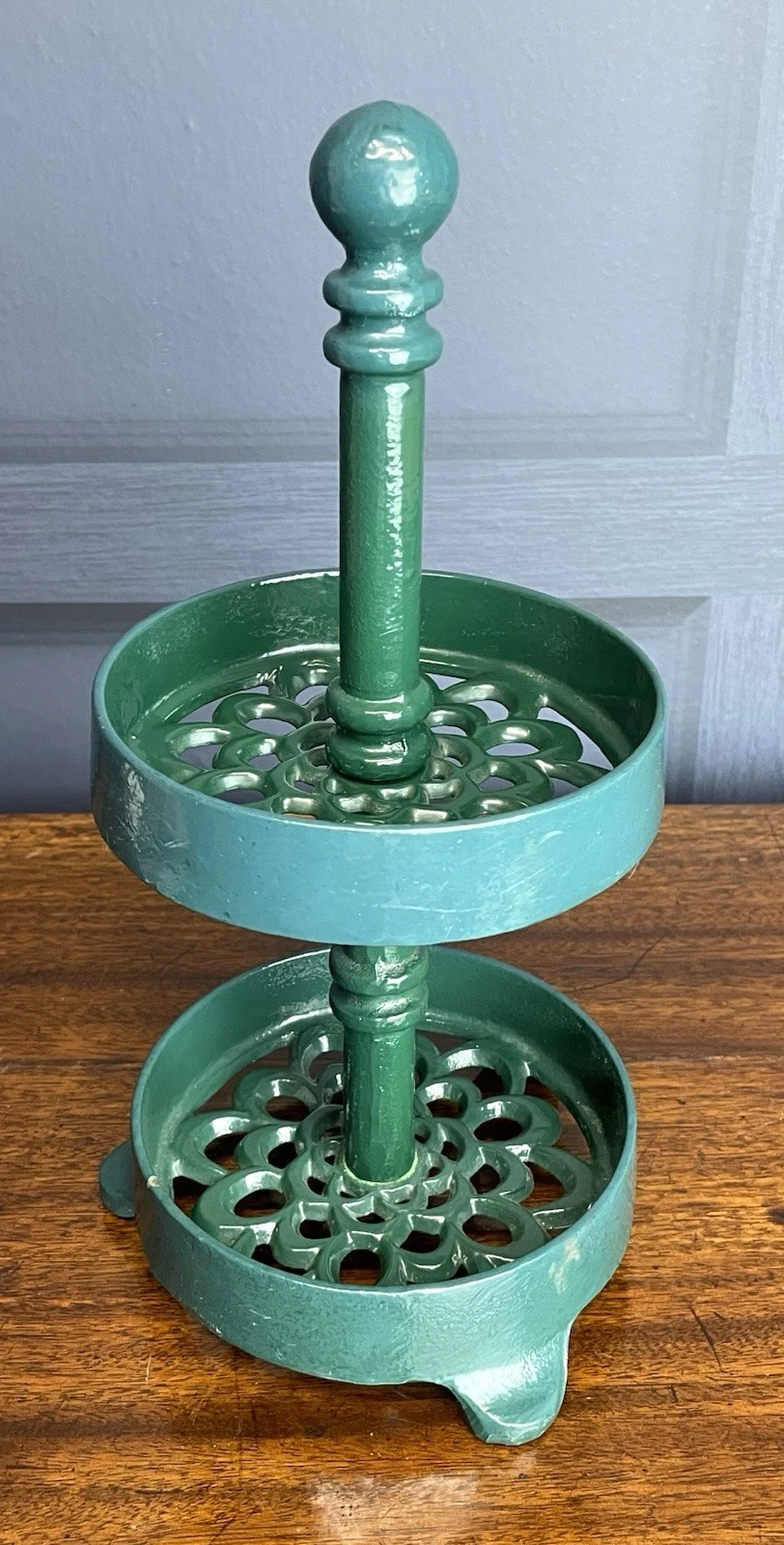 Vintage Cast Iron Two Tier Green Enamel Spice Rack Or Egg Holder