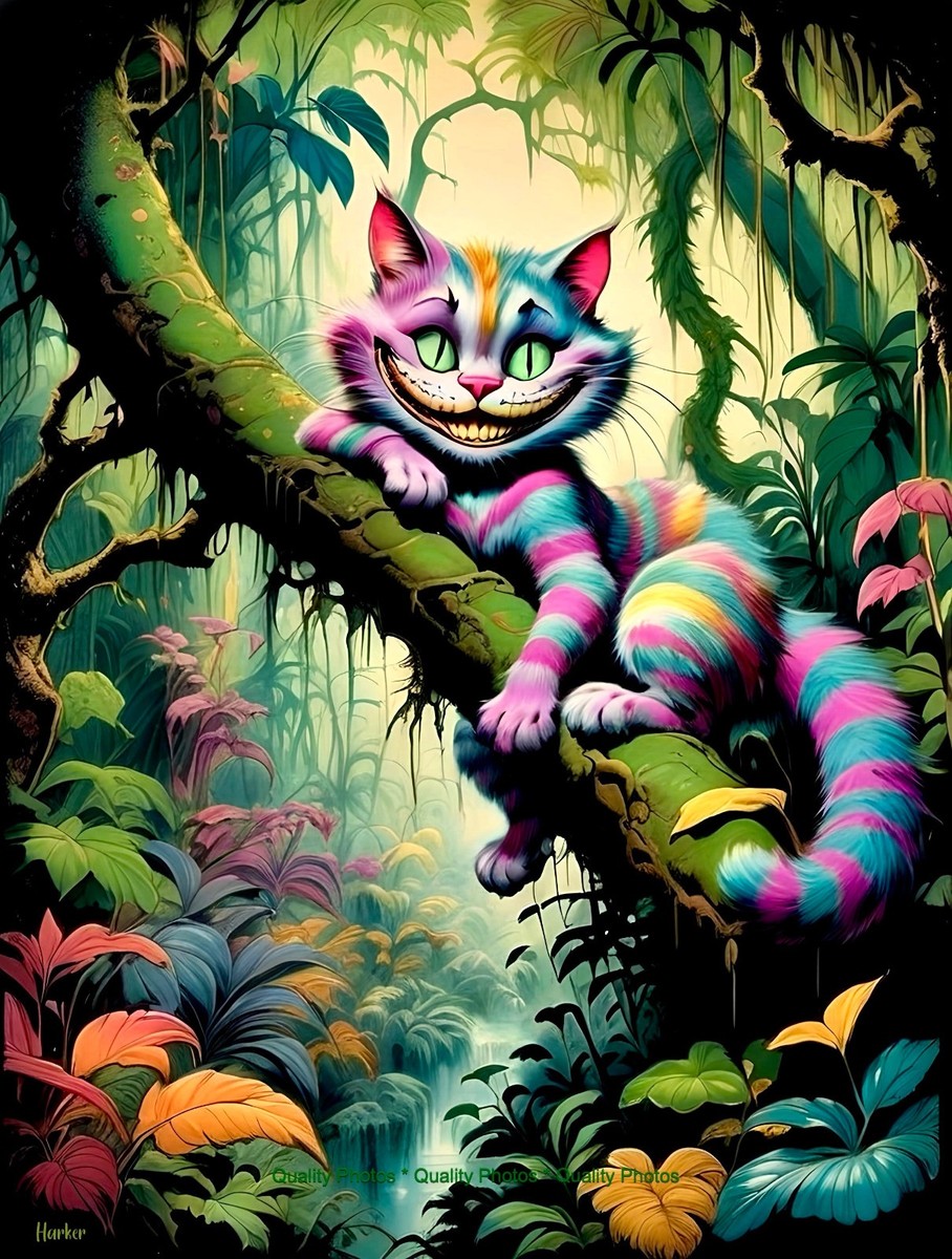 Colorful Cheshire Cat on Branch Wonderland 8.5x11