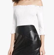 Socialite Off Shoulder Bodysuit Ribbed Ruffle 3/4 Sleeve White Size Small Thong