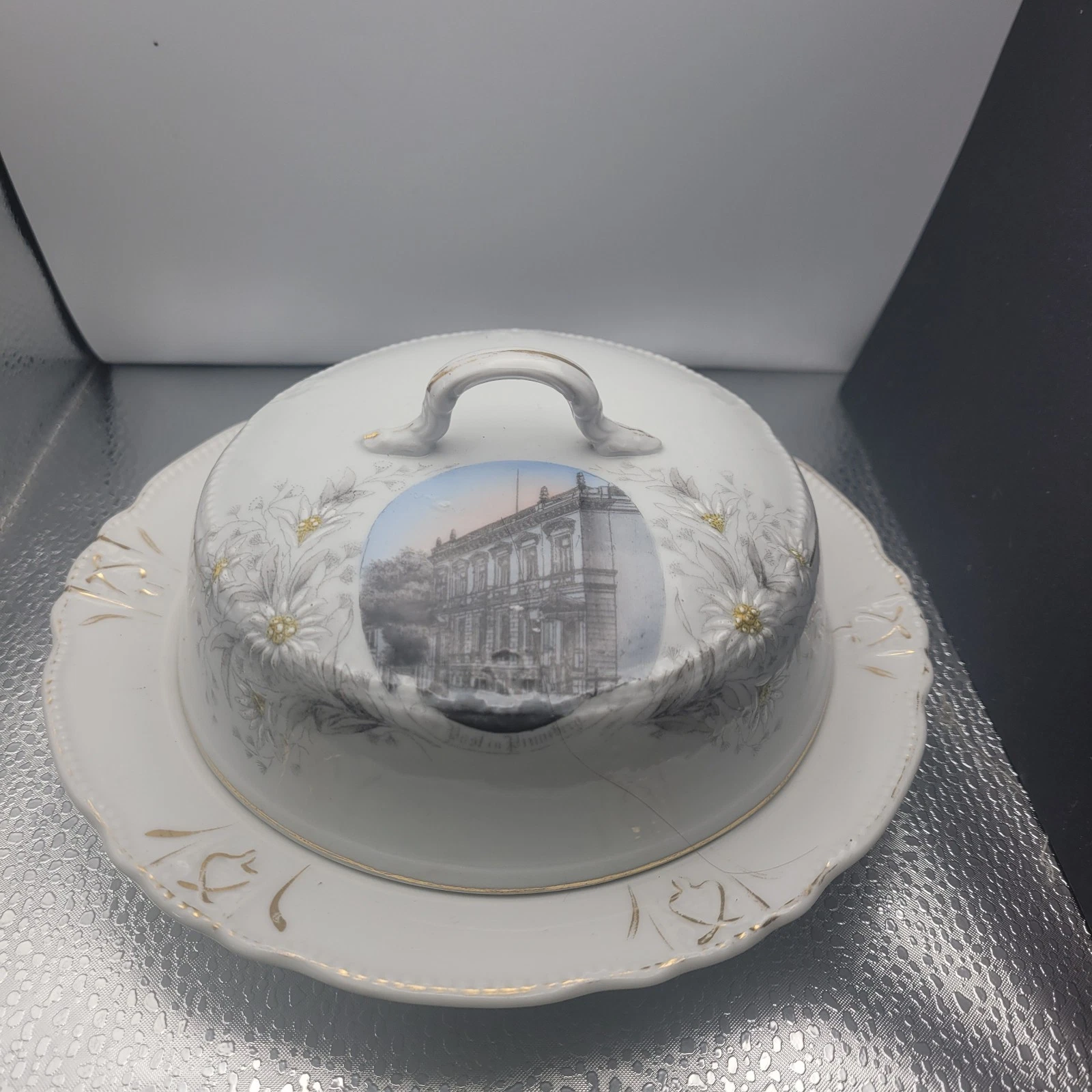 Vintage Germany Transferware Floral Covered Butter Dish & Lid