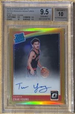 Trae Young RC /10 On Card Auto BGS 9.5 Rated Rookie Gold 2018 Optic Gem Mint+. rookie card picture