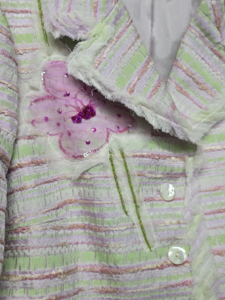 Rickie Freeman Teri Jon Bonito Rosa Verde Blanco Rayas Deshilachado Dobladillo Cuentas Talla 12 Foto 4 de 4