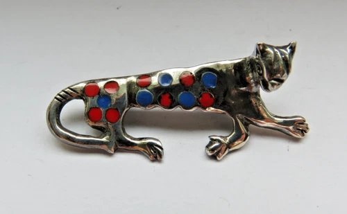 Art Deco Silver Brooch Pin Panther Cat with Blue/Red Enamel Enamel 4.0cm