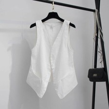 Damen Dünne Weste Slim Fit Ärmellos Kurz Schwarz Weiß Polyester Knopf Tasche