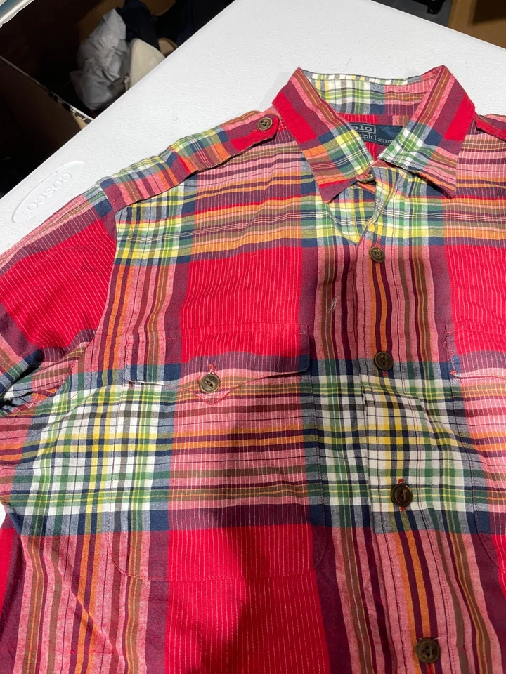 Polo Ralph Lauren Madras Camisa CPO Abotonada Algodón Rojo Cuadros Para Hombres Talla M Foto 4 de 4