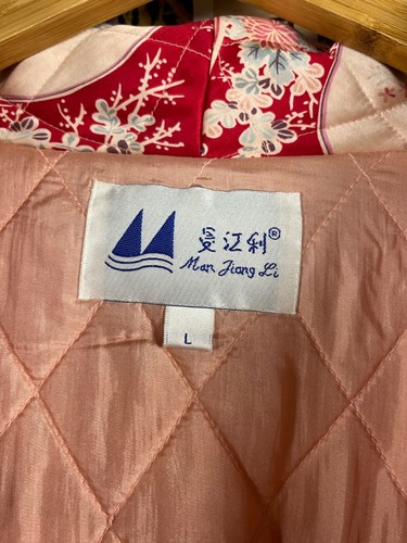 Vtg 90s Red Pink Floral Asian Fan Print Quilted Boudoir Dressing Robe Women L - Picture 6 of 17