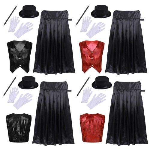 Kids Cosplay Magician Costume Cloak Cape Waistcoat with Hat Wand Gloves Outfits - Picture 2 of 3