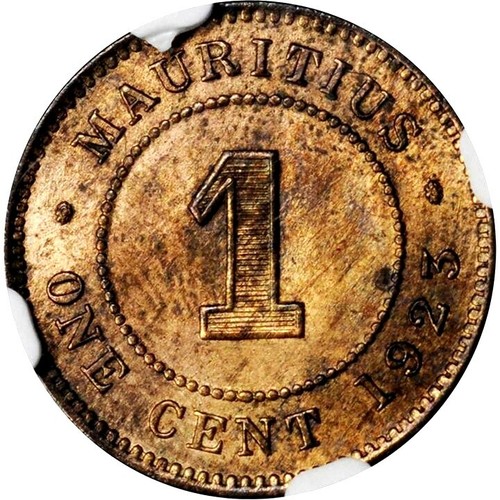 1923 Mauritius 1 Cent, NGC MS 63 Red Brown, Scarce Date - Picture 2 of 4