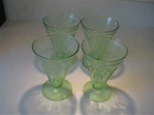 FOUR VINTAGE 1931 URANIUM GREEN ROSE CAMEO 5" FOOTED TUMBLER -  DEPRESSION GLASS
