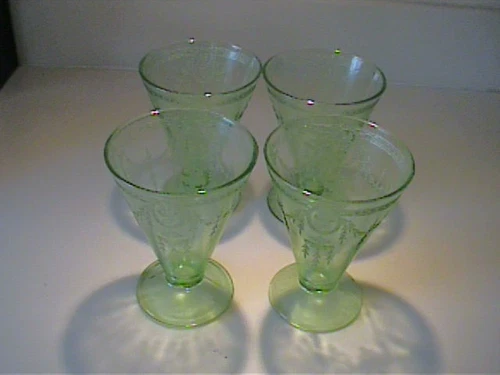 FOUR VINTAGE 1931 URANIUM GREEN ROSE CAMEO 5" FOOTED TUMBLER -  DEPRESSION GLASS