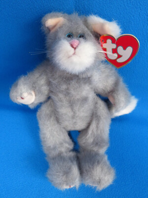 WHISKERS KITTY KATZE grau weiß PLÜSCH BLAUE AUGEN Stofftier TY BEANIE BABY DACHBODEN ''93