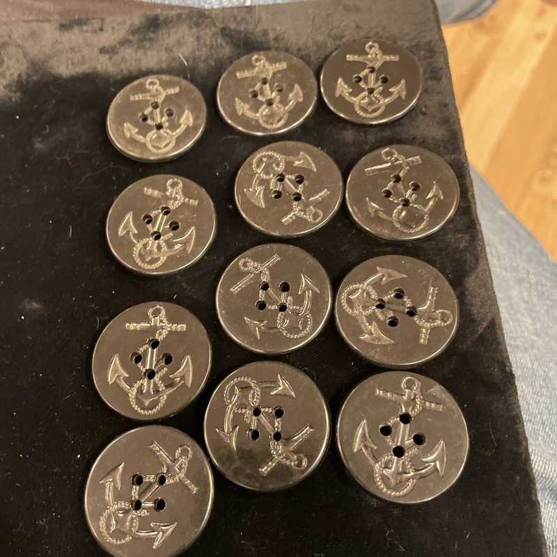 Set Of 12 Vintage US Navy Blue Peacoat Anchor 4 Hole Flat Bottom 1.25" Buttons