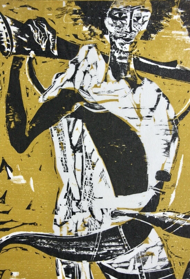 Karl-Heinz Hansen Bahia (1915-1978) Farbholzschnitt "Dankali-Krieger auf Gelb" - Bild 4 von 4