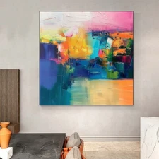 Blue Abstract Oil Painting Thick Textured Hand Painted On Canvas Wall Art Green