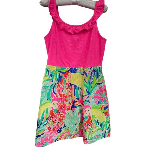 Lilly Pulitzer Girls XL Pink Parrot Print Ruffle Dress Knee Length - AC - Picture 8 of 11