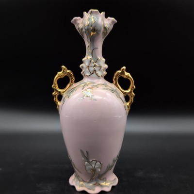 H&C Jugendstil Vase HAAS & CZJZEK rosa Porzellan Czechoslovakia Gold Blumen