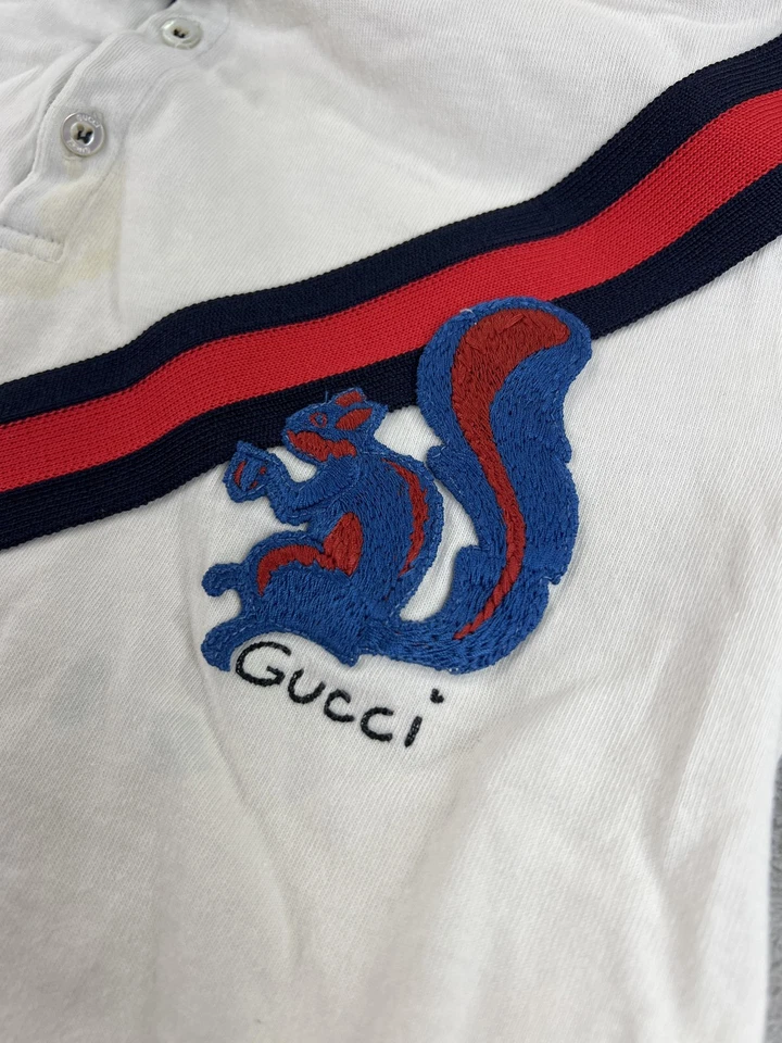 Camisa Gucci Niños 12 Blanco Azul Marino Rojo Polo Hecha en Italia Bordada Ardilla Foto 2 de 4