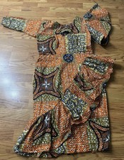 Women African Print Ankara Ruffle Dress Orange Green Long Sleeve Midi Dress L