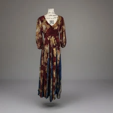 Hemant & Nandita Maxi Dress Size 6 Floral Gold Burgundy Blue Long Sleeve