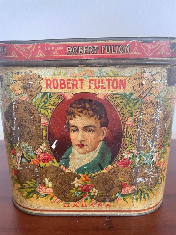 Vintage litho Robert Fulton hinged lid cigar tin, fair condition