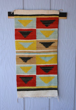 Unique Old Navajo Rug - Optical Design in Turquoise Yellow Red Black - 39" x 19"