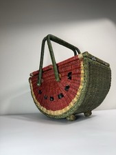 Vintage Watermelon Wicker Picnic Basket Double Hinged Lid Beaded Seeds Retro