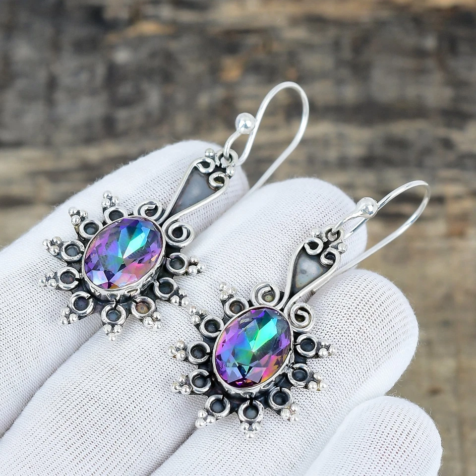 Orecchini In Argento Sterling 925 Con Gemma Topazio Mistico Arcobaleno Per Festa - Immagine 3 di 4